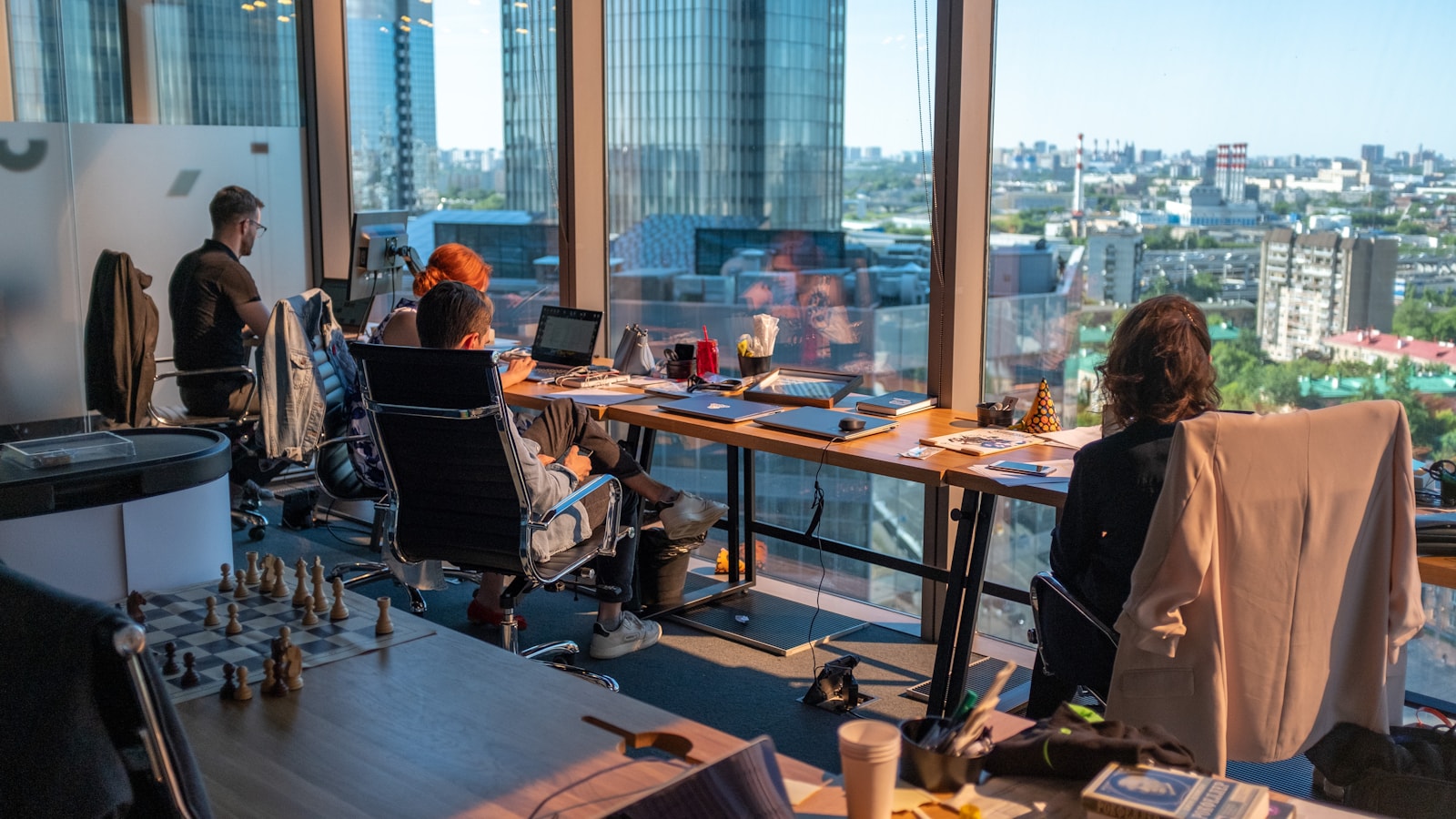 Team working together in a city office